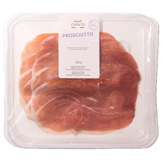 Longo’s Curato prosciutto, thinly sliced Italian dry-cured ham, 125g package in a clear deli tray.